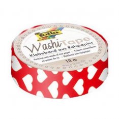 Folia Washi Tape - dekoračná lepiaca páska - Červená s bielymi srdciami