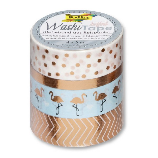 Folia Washi Tape - dekoračná lepiaca páska - Ružová, zlatá, 4 ks