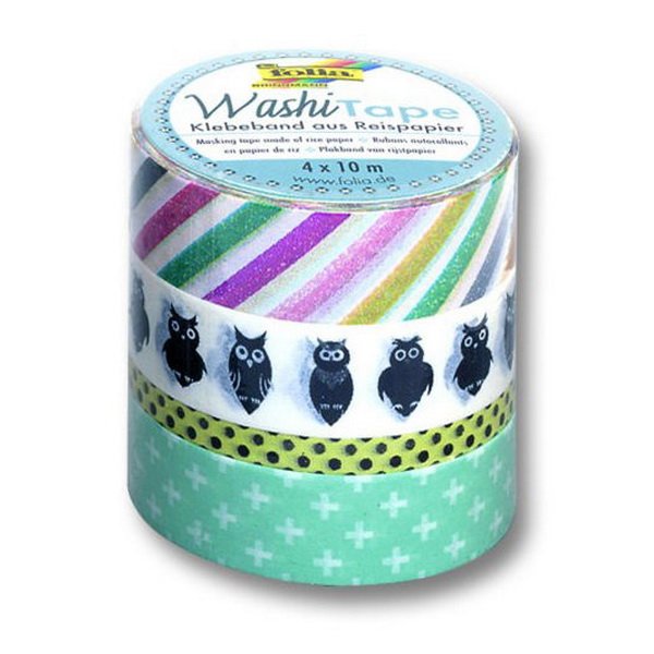 Folia Washi Tape - dekoračná lepiaca páska - Sovy, 4 ks