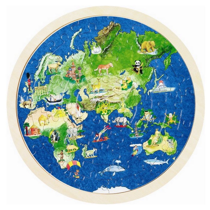 Goki Obojstranné drevené puzzle Zemeguľa, 57 dielikov