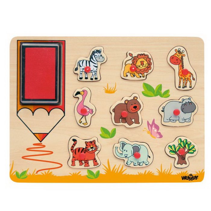 Woody Pečiatkové puzzle Exotické zvieratá, 9 ks