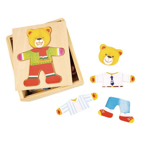 Bigjigs Toys Drevené obliekacie puzzle v krabičke - Pán Medveď