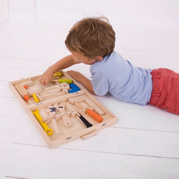 Bigjigs Toys Drevený kufrík s náradím, 13 ks