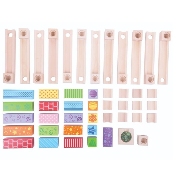 Bigjigs Toys Drevená farebná guličková dráha, 53 dielikov