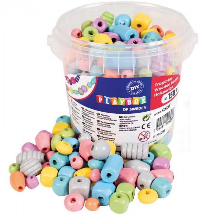 Playbox Drevené korálky vo vedierku pastelové, 150 ks
