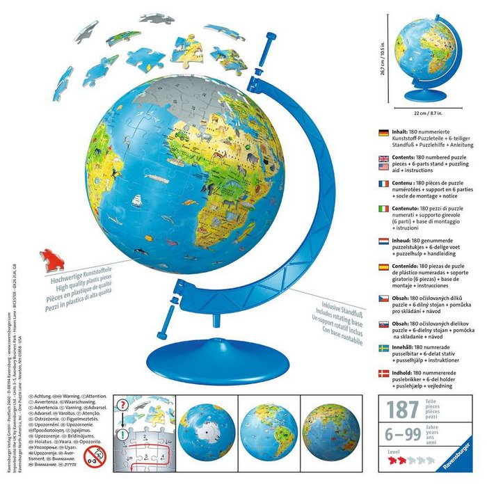 Ravensburger Detský glóbus 3D puzzle, 180 dielikov