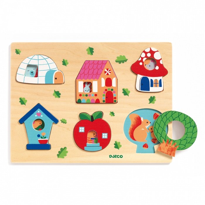 Djeco Drevené reliéfne puzzle Domčeky, 6 dielikov