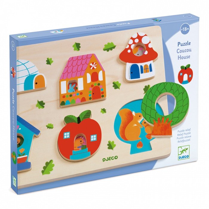 Djeco Drevené reliéfne puzzle Domčeky, 6 dielikov