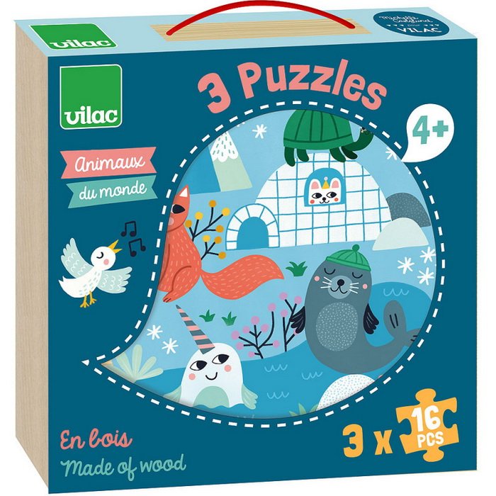 Vilac Drevené puzzle 3v1 Zvieratká, 16 dielikov