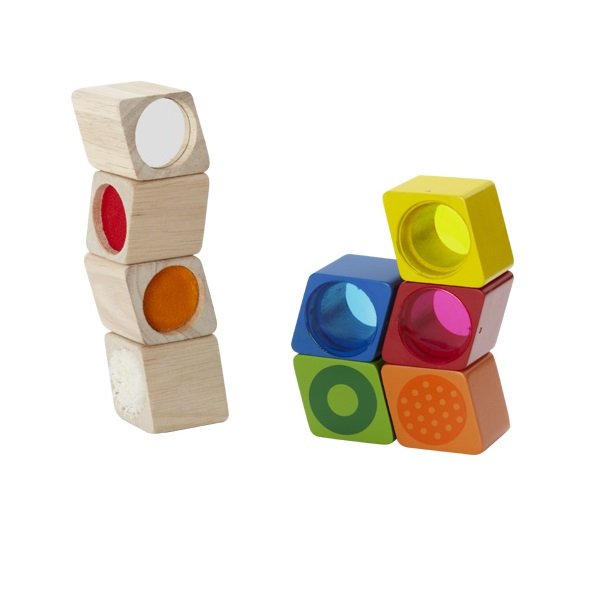 Wonderworld Drevené zmyslové kocky 3v1