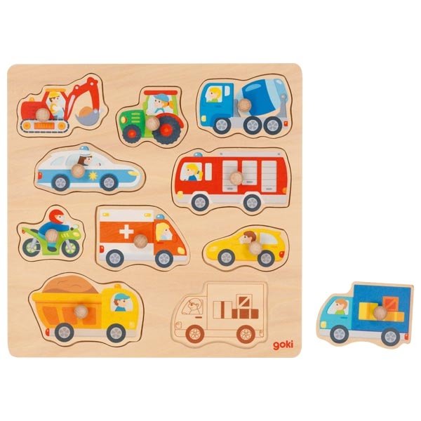 Goki Drevené puzzle na doske Dopravné prostriedky, 10 ks