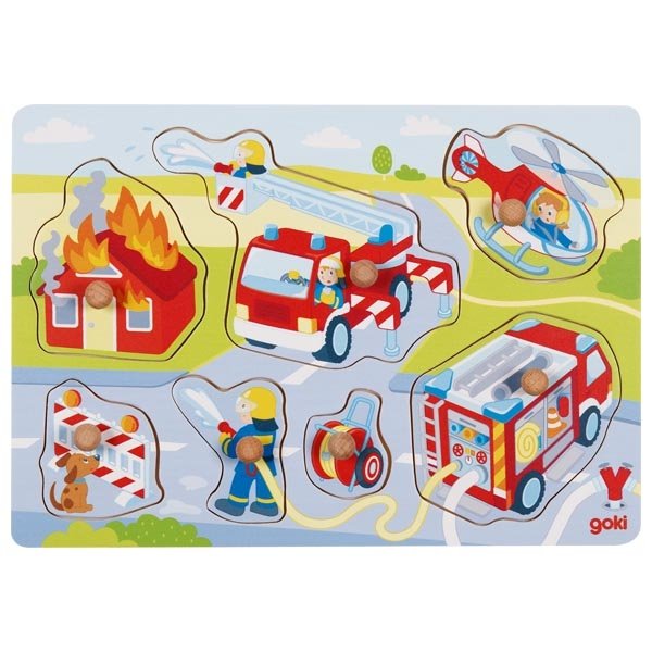 Goki Drevené puzzle na doske Požiarnici, 7 ks