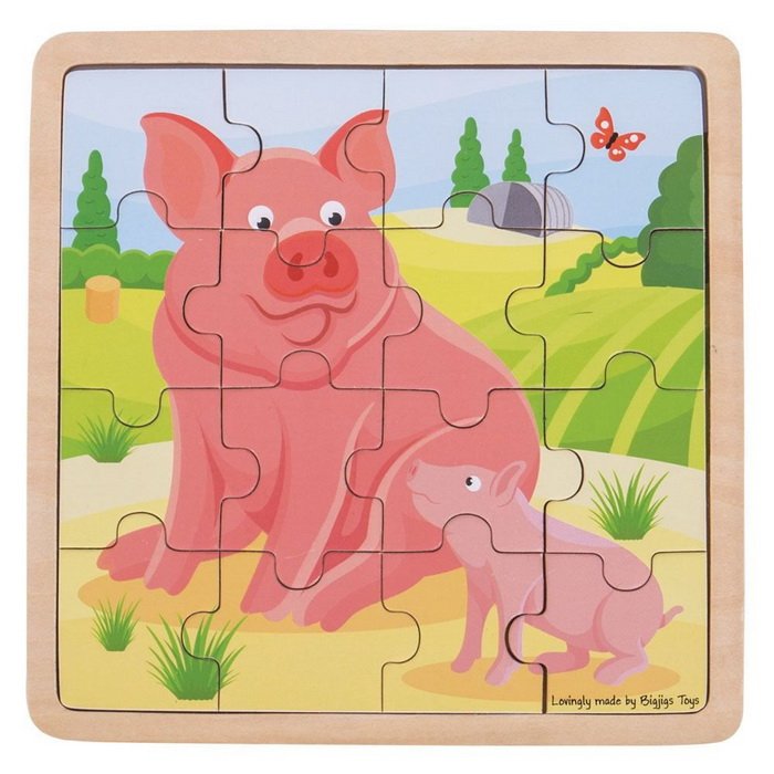 Bigjigs Toys Drevené puzzle Prasa s prasiatkom, 16 dielikov