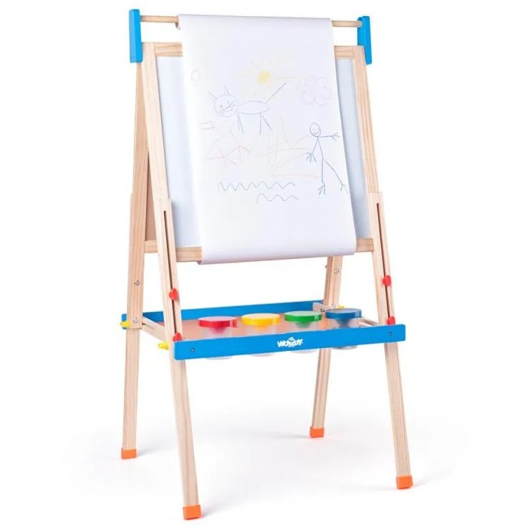 Tabuľa "ABC" s písmenami, s rolkou papiera a téglikmi
