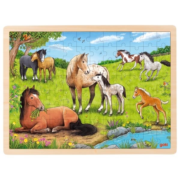 Goki Drevené puzzle Kone na lúke, 96 ks