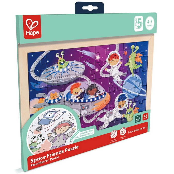 Hape Obojstranné puzzle Priatelia z vesmíru, 48 dielikov