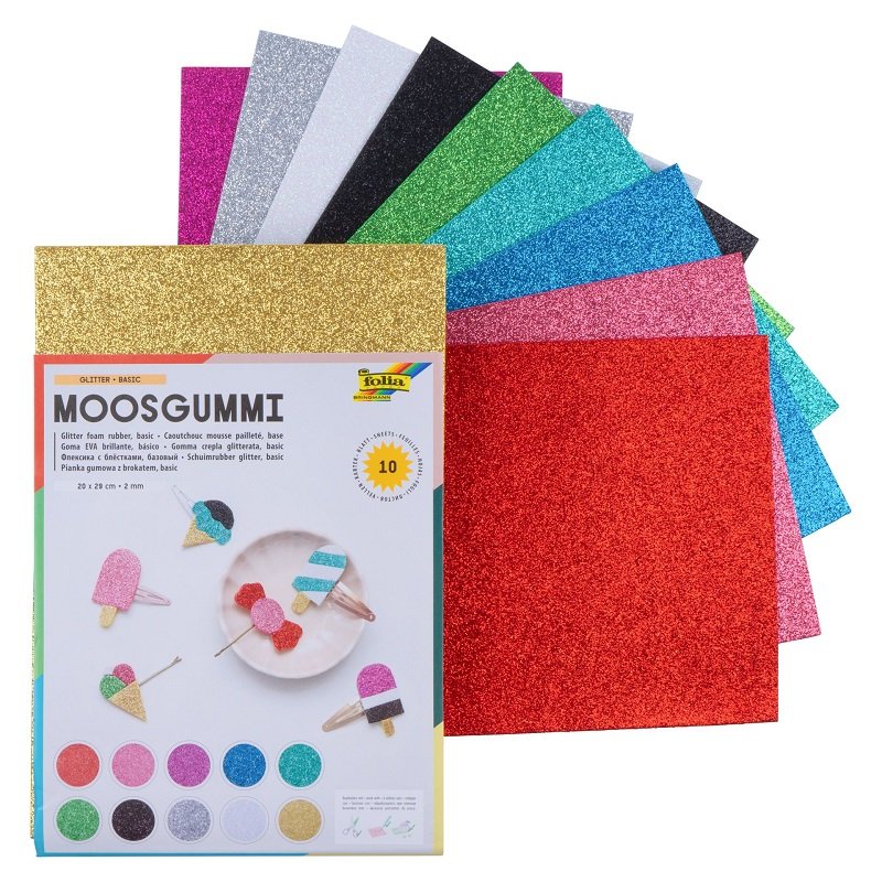 Folia Hárky z moosgummi glitter A4, 10 farieb