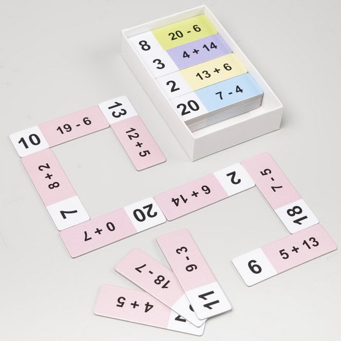 Matematické domino Sčítanie a odčítanie do 20 bez prechodu, 50 kariet