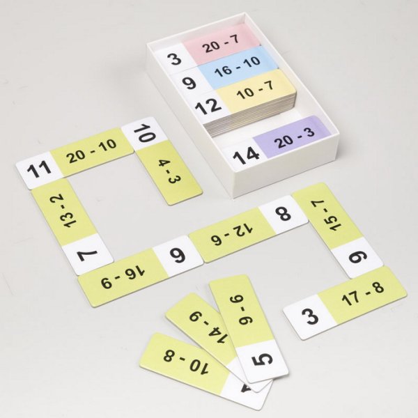 Matematické domino Odčítanie do 20 s prechodom, 50 kariet