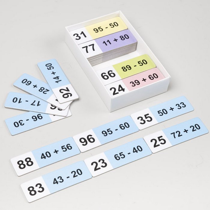 Matematické domino Sčítanie a odčítanie dvojciferného čísla a desiatok do 100 bez prechodu, 50 kariet