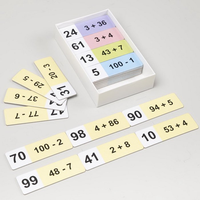 Matematické domino Sčítanie a odčítanie jedno a dvojciferného čísla do 100 bez prechodu, 50 kariet