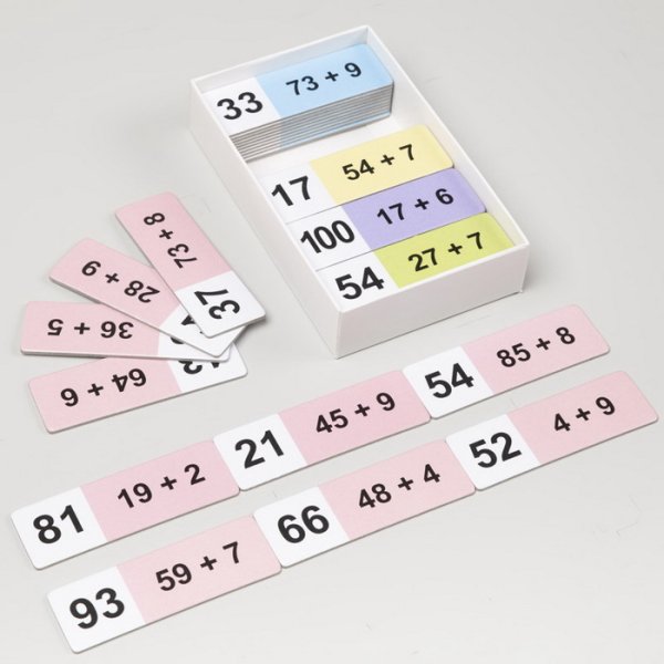 Matematické domino Sčítanie jedno a dvojciferného čísla do 100 s prechodom, 50 kariet