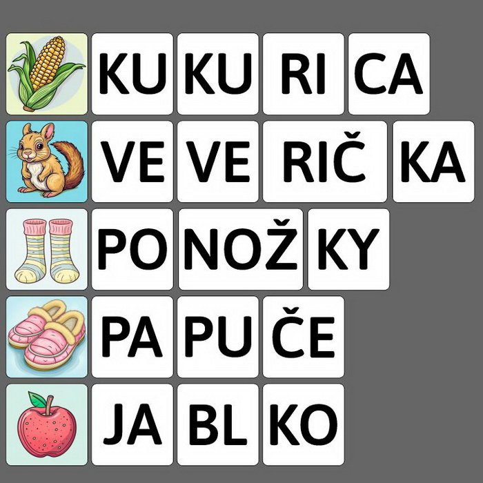 Obrázky a slabiky, 150 kariet