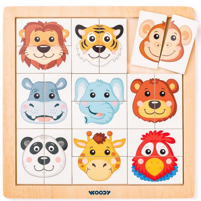 Woody Puzzle Zvieracie hlavičky Exotika, 18 dielikov