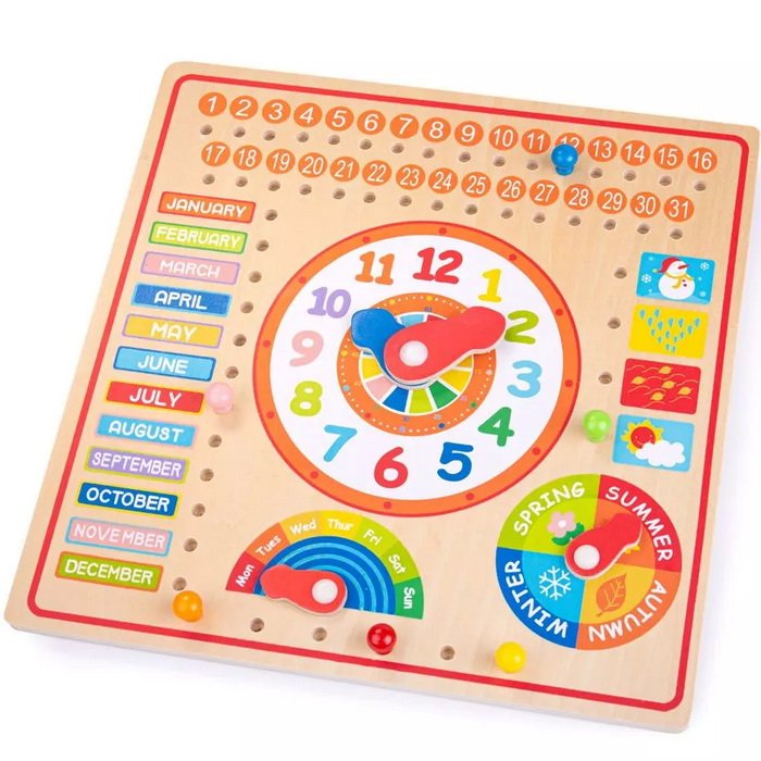 Bigjigs Toys Drevený kalendár s hodinami, anglický