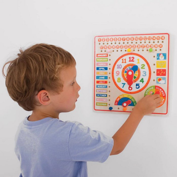 Bigjigs Toys Drevený kalendár s hodinami, anglický